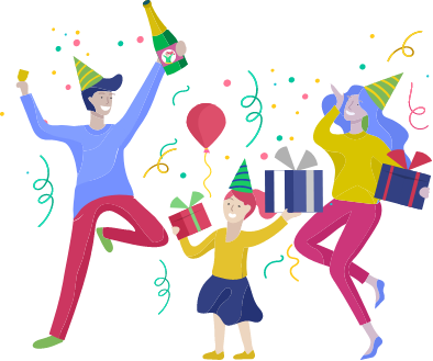 nairesakeの商品とともに喜ぶ家族のイラスト